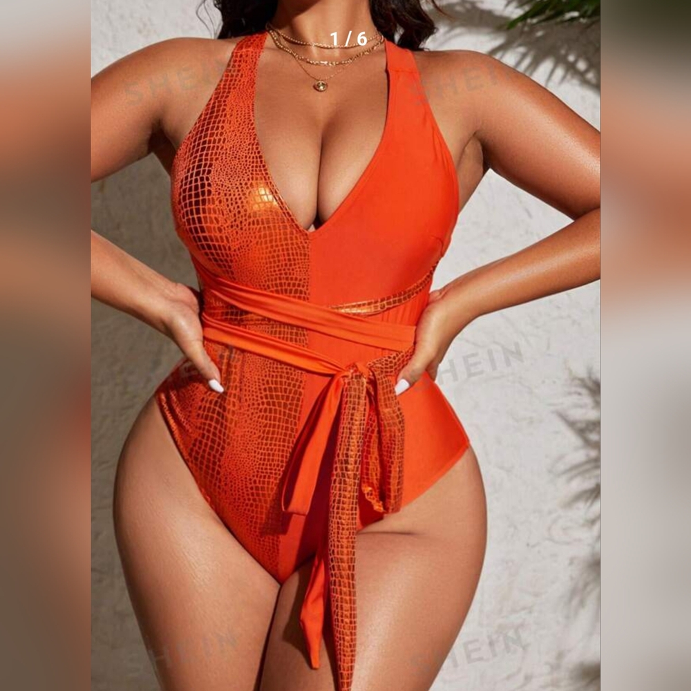 Swim Curve Plus Size Summer Beach Crocodile Print Criss-Cross Backless Fro